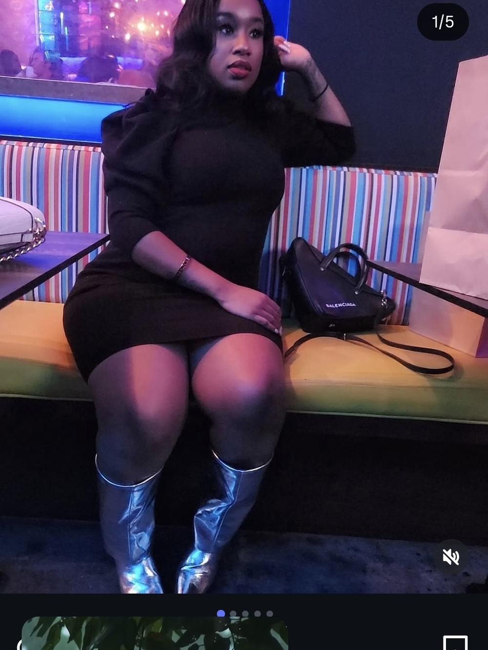 Black Puff-Sleeve Mini Dress with Silver Metallic Boots